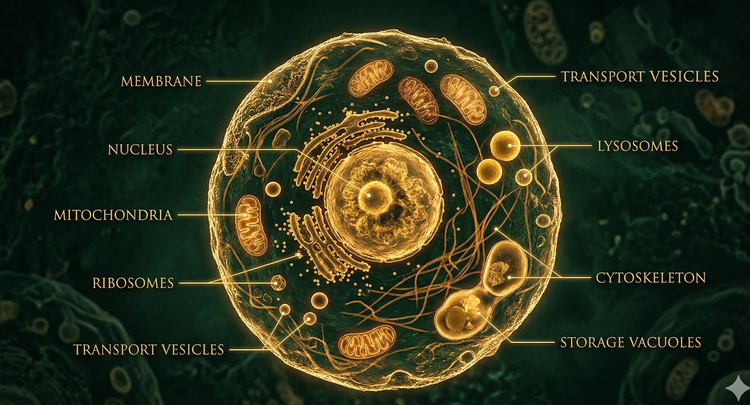 Die 8 Grundfunktionen einer Zelle — Membrane, Nucleus, Mitochondria, Ribosomes, Transport Vesicles, Lysosomes, Cytoskeleton, Storage Vacuoles