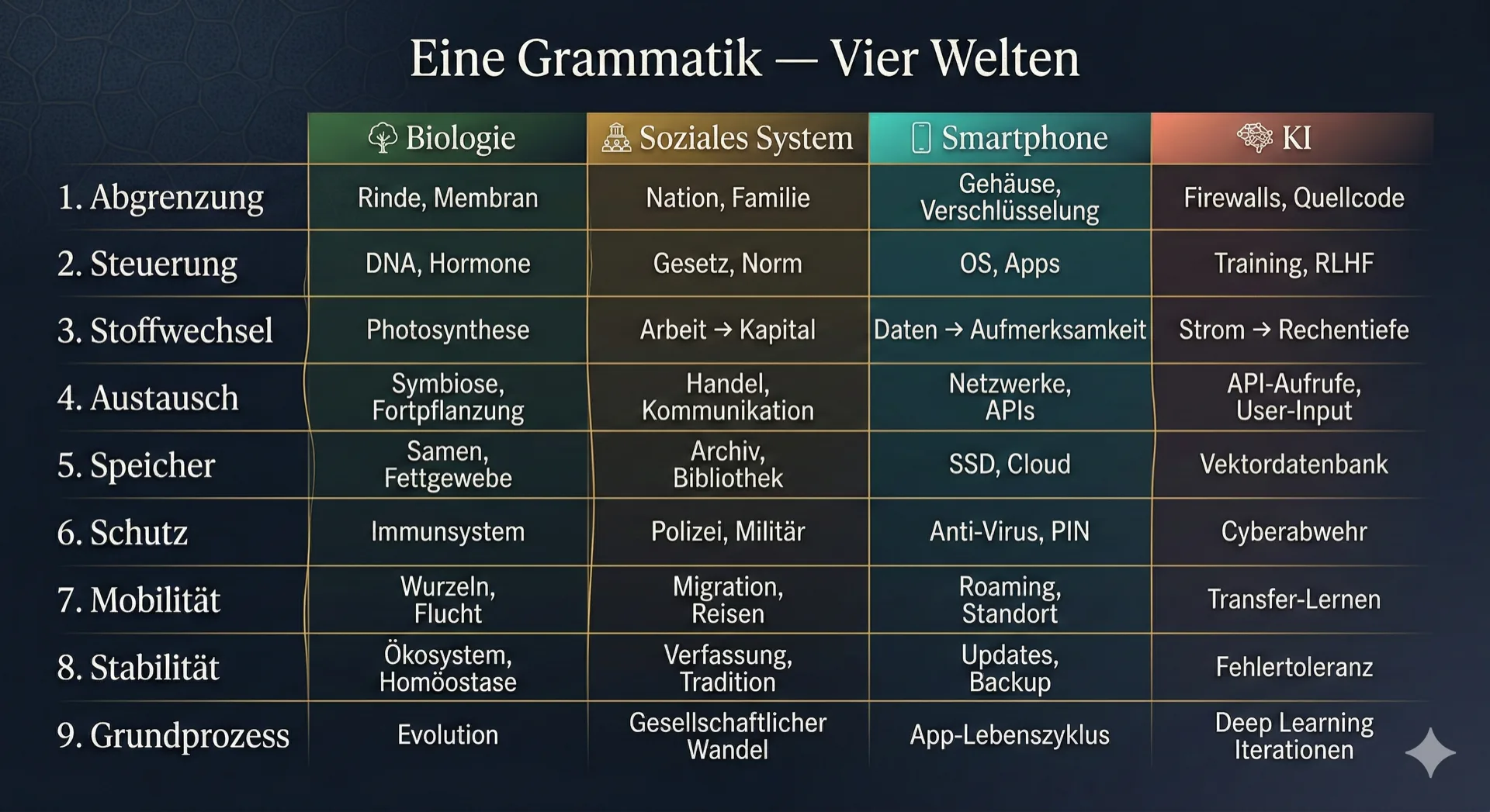 Tabelle „Eine Grammatik — vier Welten“: die acht Grundfunktionen plus Grundprozess als Zeilen, angewendet auf Biologie, Soziales System, Smartphone und KI als Spalten — zum Beispiel Abgrenzung als Zellmembran, Nation/Familie, Gehäuse/Verschlüsselung beziehungsweise Firewall/Quellcode.