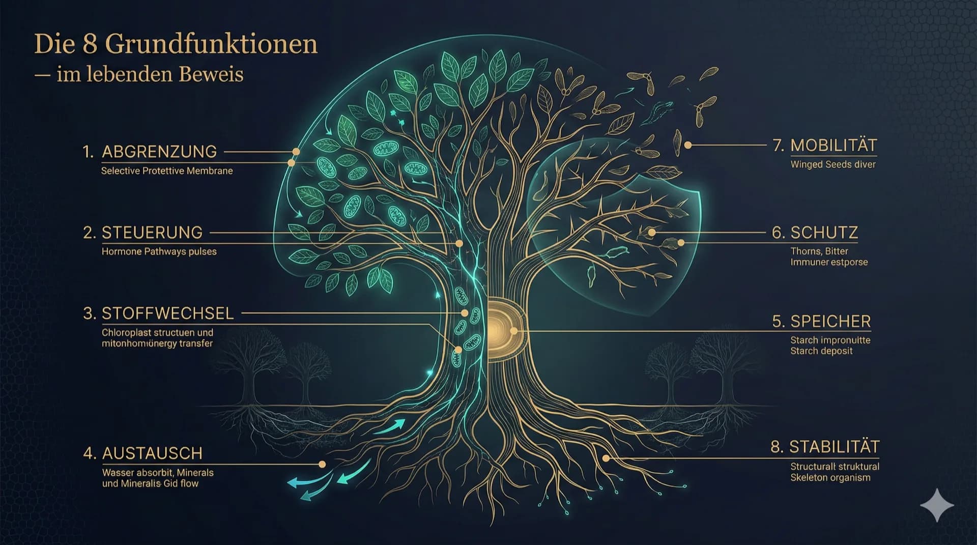 Ein Baum als lebender Beweis für die acht Grundfunktionen: Abgrenzung (Membran), Steuerung (Hormone), Stoffwechsel, Austausch über die Wurzeln, Speicher (Stärke), Schutz (Dornen), Mobilität (Flugsamen) und Stabilität (Stützgerüst).