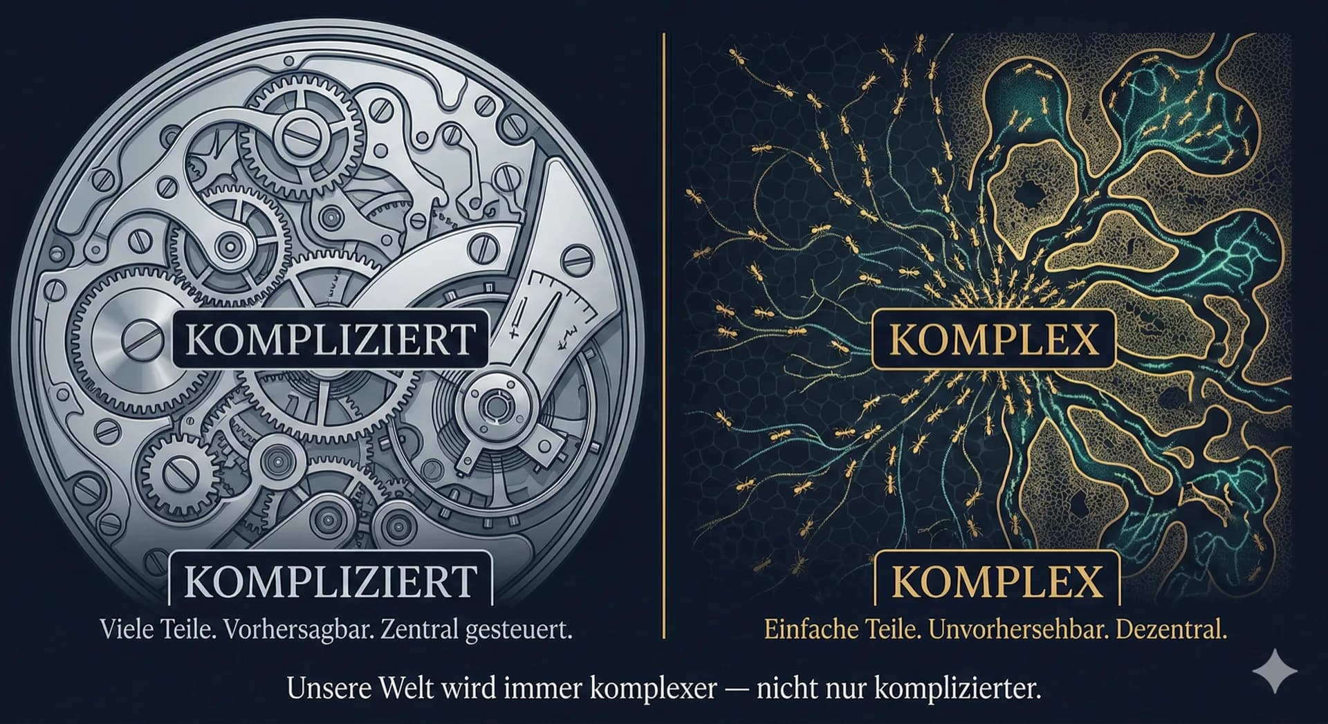 Gegenüberstellung kompliziert und komplex: links ein Uhrwerk (viele Teile, vorhersagbar, zentral gesteuert), rechts ein dezentrales Ameisen- und Netzwerkbild (einfache Teile, unvorhersehbar, dezentral). Kernaussage: Unsere Welt wird immer komplexer, nicht nur komplizierter.